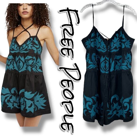 Free People Everblue Romper Black Blue Adjustable Straps Embroidery Womens Sz L - Picture 1 of 11